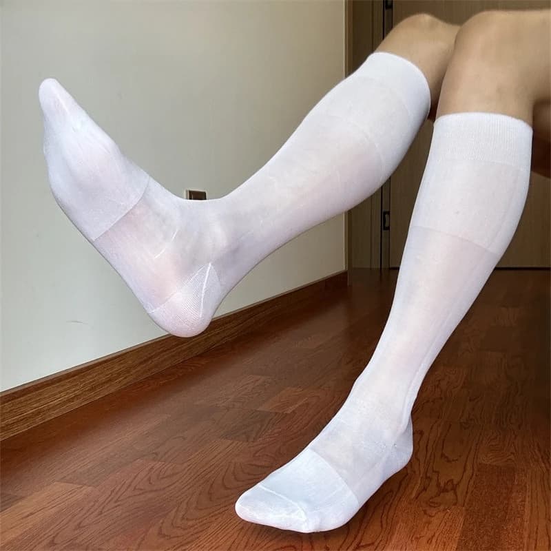Nuovi calzini bianchi al ginocchio da uomo da uomo d'affari formali calze di nylon sexy a righe tinta unita verde viola rosa rosso calzini lunghi da uomo