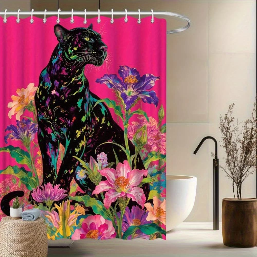 Tenda da doccia Pantera e Fiori da 1 pezzo - Tessuto in poliestere Pantera vibrante tra fiori colorati con sfondo rosa brillante per