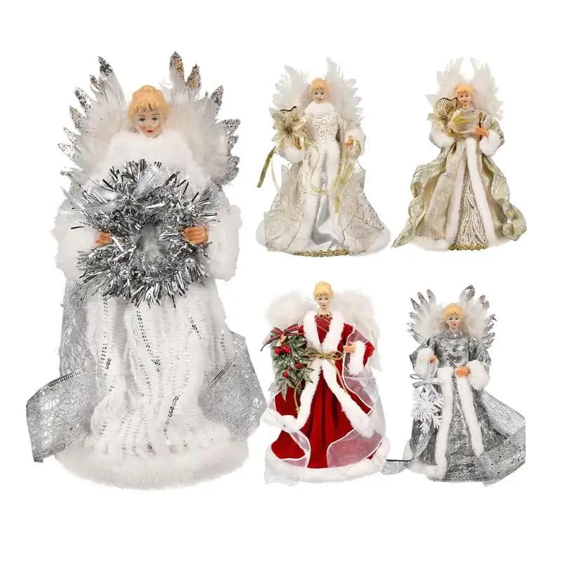 2025 Topper per albero di Natale Fata angelo con ali di piume bianche senza luce Ornamento decorativo per albero di Natale 3D