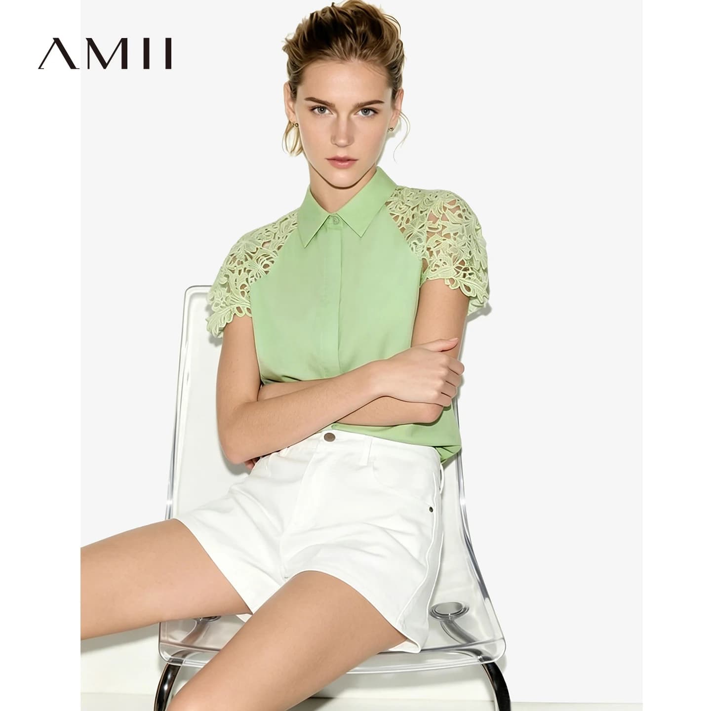 Camicia da donna Amii 2026 Nuova Collezione Estiva con Pizzo, Colletto a Risvolto, Maniche a Dolman, Blusa Larga a Mezza Lunghezza in Cotone per Ufficio 12642040