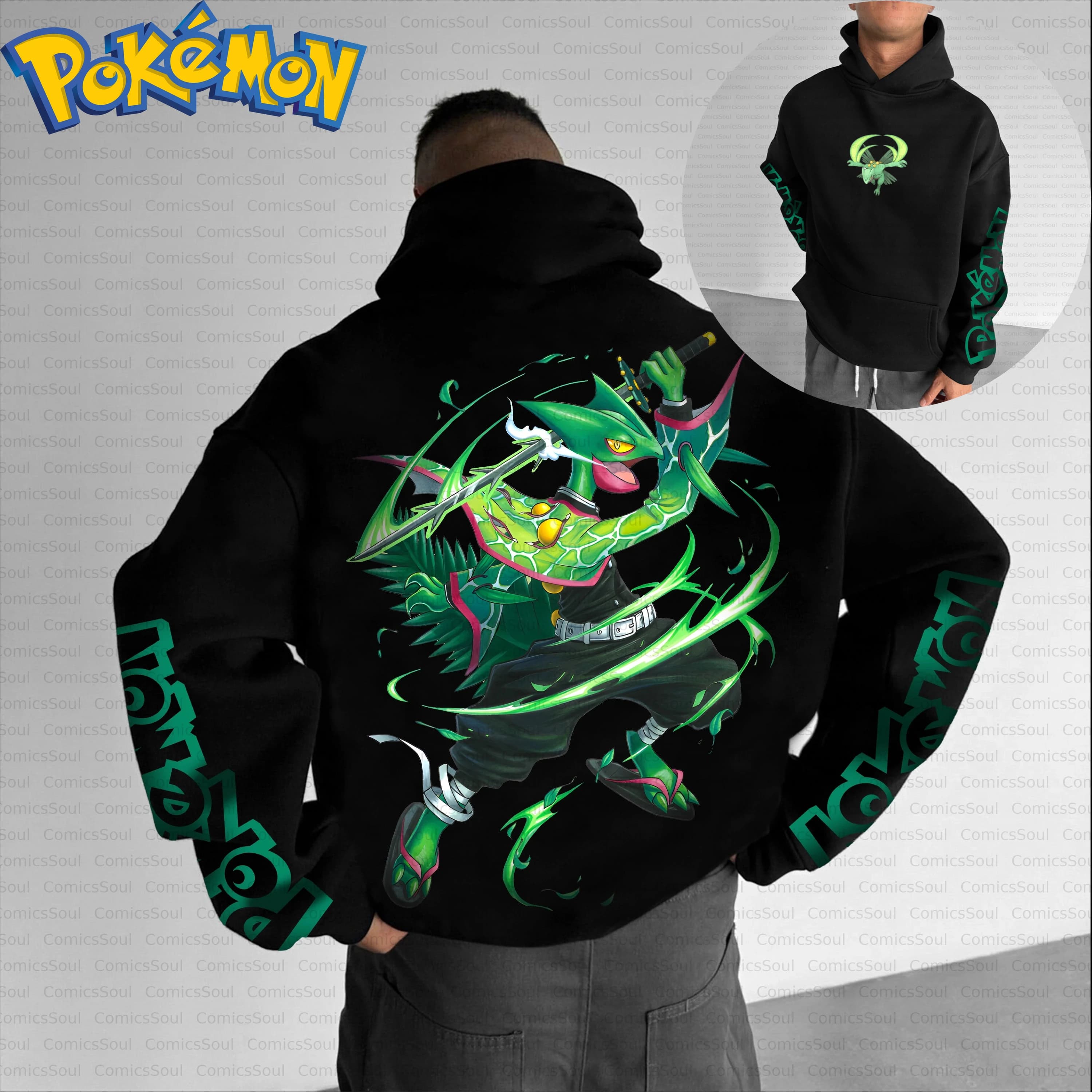 Nuovo set di felpe con cappuccio Pokemon e pantaloni Harajuku in cotone nero con effetti di movimento con stampa sul retro del carattere verde e design del logo sul petto