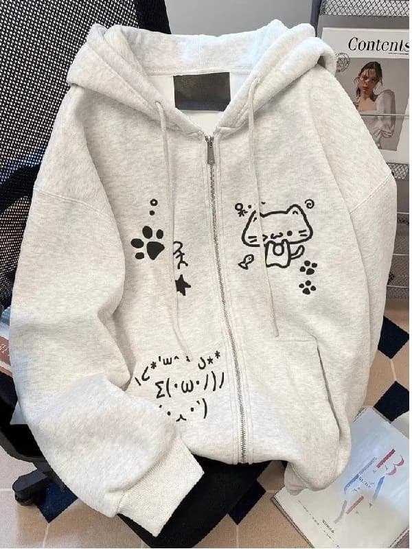 Cartoon Print Hoodie Women's Autumn Winter Fleece Zipper Loose Slimming Casual Outerwear Trendy Long Sleeve Korean Style