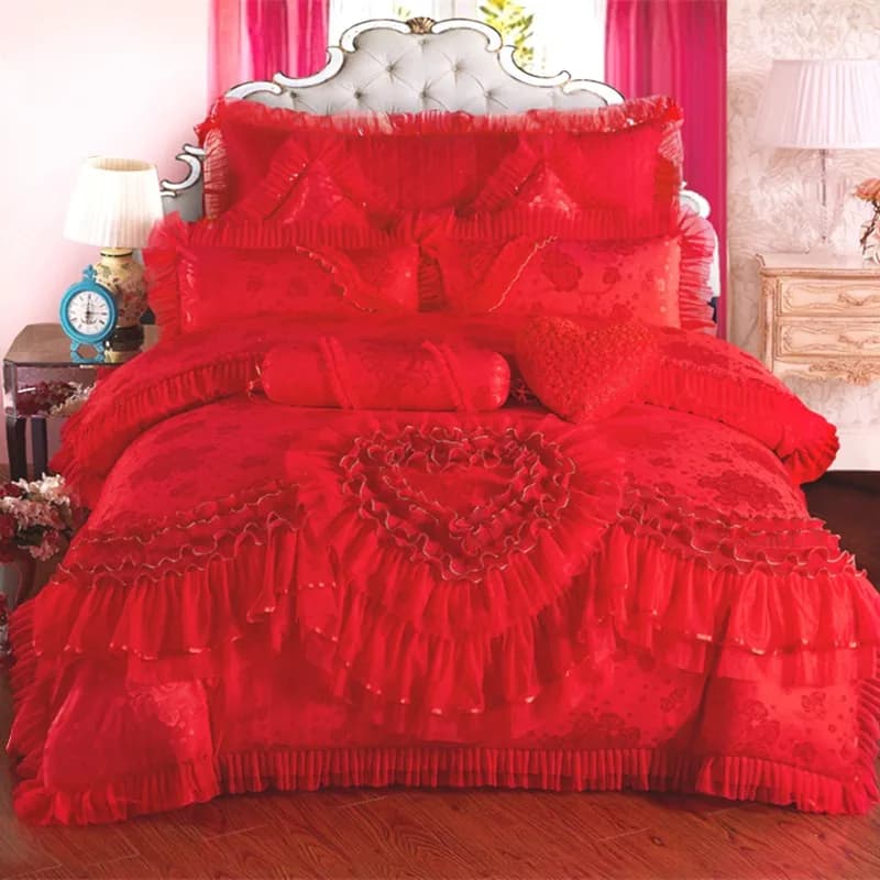 Set biancheria da letto in cotone satinato jacquard rosso Set copripiumino da sposa principessa in pizzo a forma di cuore di lusso Lenzuolo Copriletto Federe