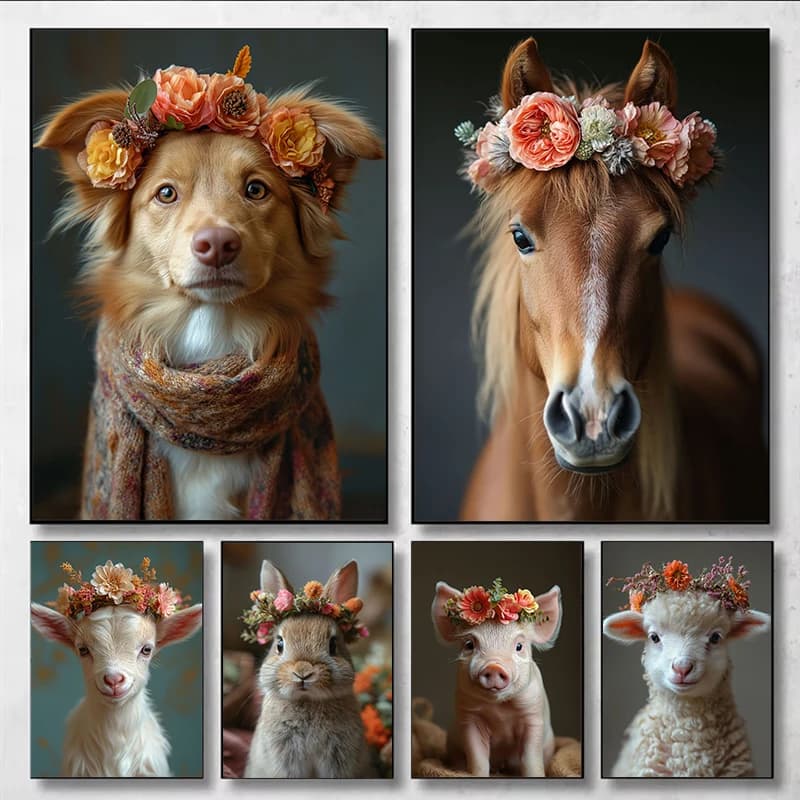 Baby Animals Bunny Goat Pig Dog Horse Sheep Flower Crown Canvas Posters and Prints Wall Art Pictures for Home Kid Room Decor