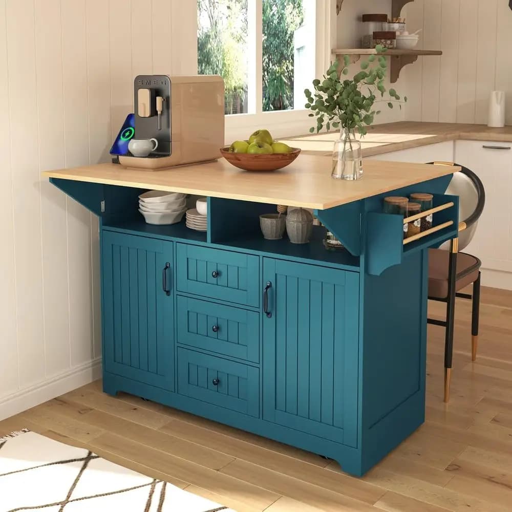 Isola da Cucina con Doppio Cassetto e Portasciugamani, Carrello Mobile con Piano in Legno, Armadietto con Ripiano Regolabile per Cucina, Sala da Pranzo e Soggiorno