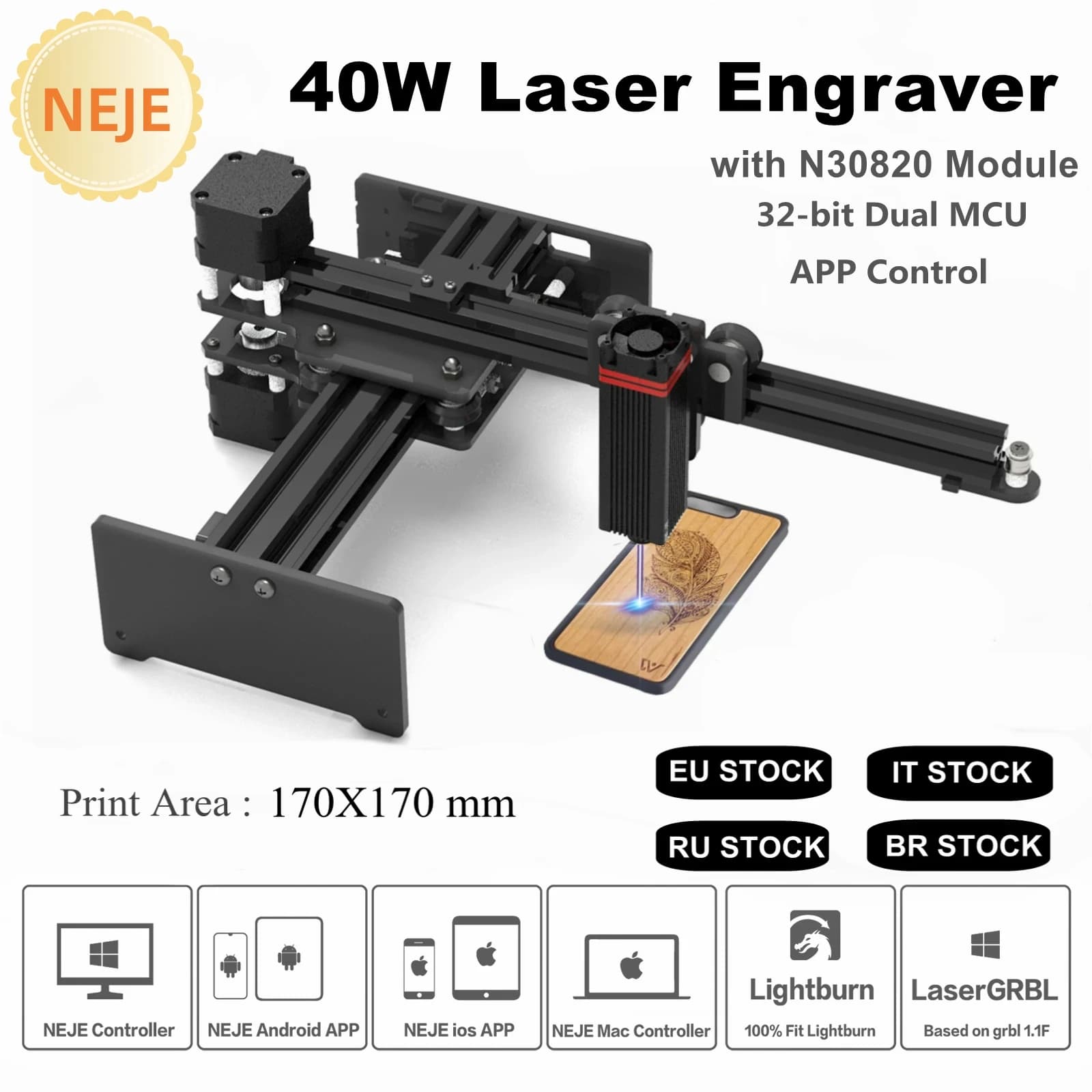NEJE 5 N30820 40W Desktop CNC Laser Engraver 170X170mm Wireless Laser Printer Engraving Cutting Machine App Control Cutter Wood