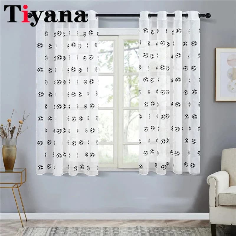 Cartoon Embroidered Football Transparent Tulle Tent Children's Bedroom Tents For Living Room Window Voile White Tooth Curtain Cortina