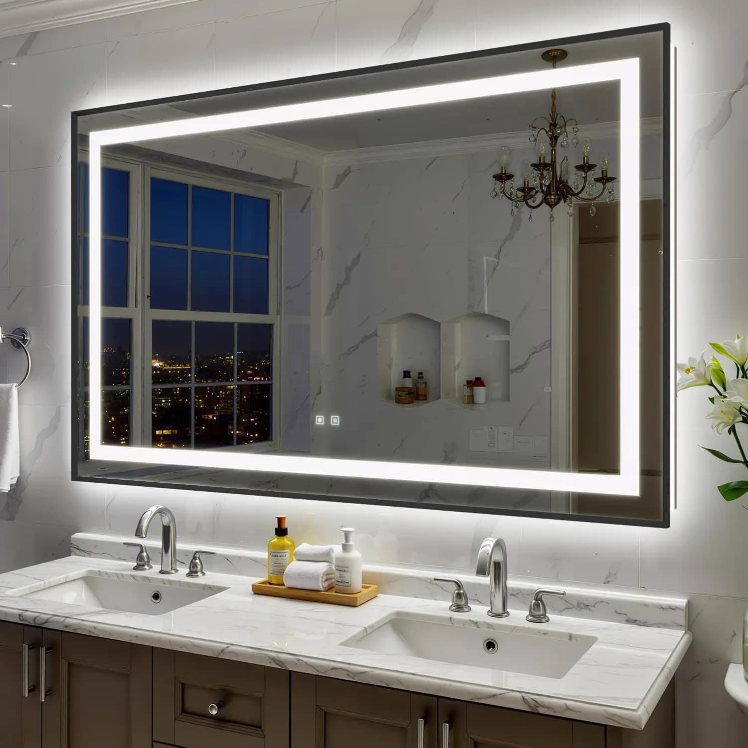 Specchio LED da Bagno 60x36 Pollici con Luci, Cornice Nera Retroilluminata e Illuminata Frontalmente, Specchio da Parete per Bagno, Vetro Temperato Ultra-Trasparente