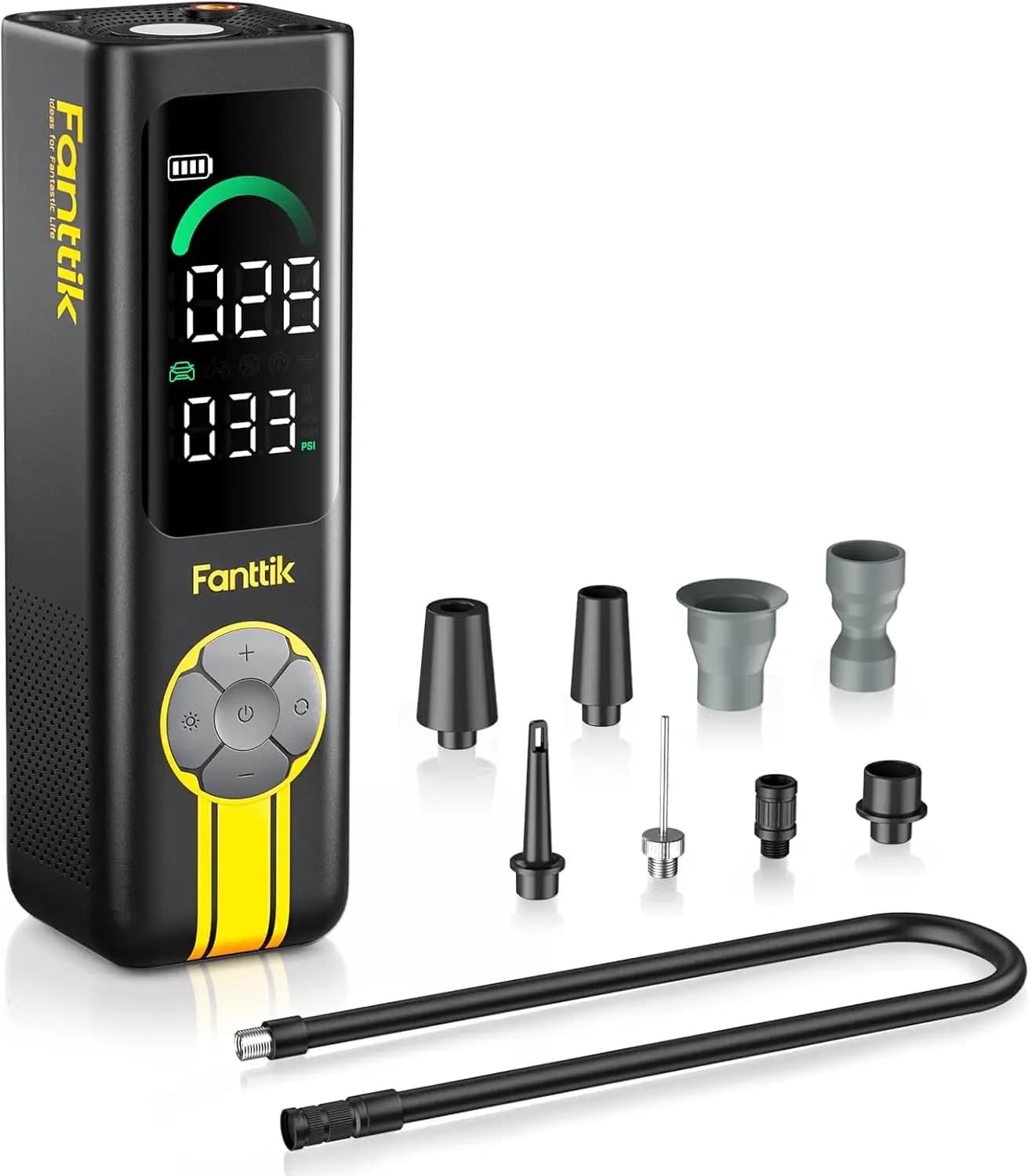 Compressore d'Aria Portatile con Gonfiaggio Rapido, Pompa Senza Fili 150PSI per Auto, Bici, Materasso - Include Luce e Power Bank