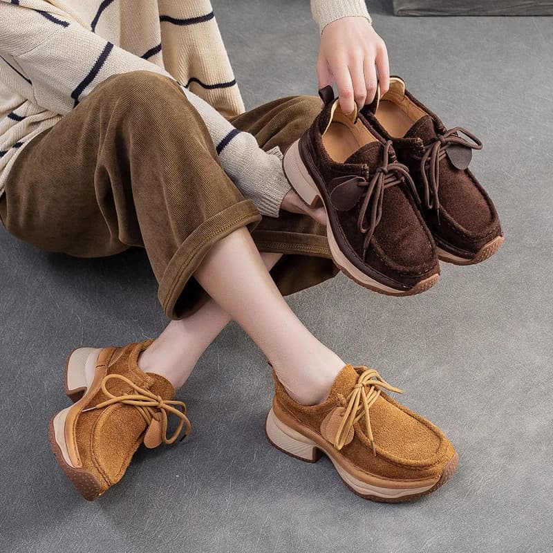 2025 autumn new first layer of cow leather with thick sole comfortable sports shoes single fashion women's sneakers light with laces