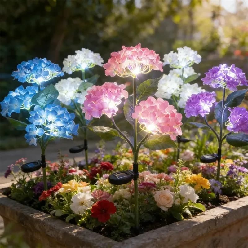 Luci Solari da Giardino a 3 Teste, Lampada Solare a LED a Forma di Fiore, Ortensia Artificiale per Decorazioni Estive, Matrimoni, Feste e Vacanze