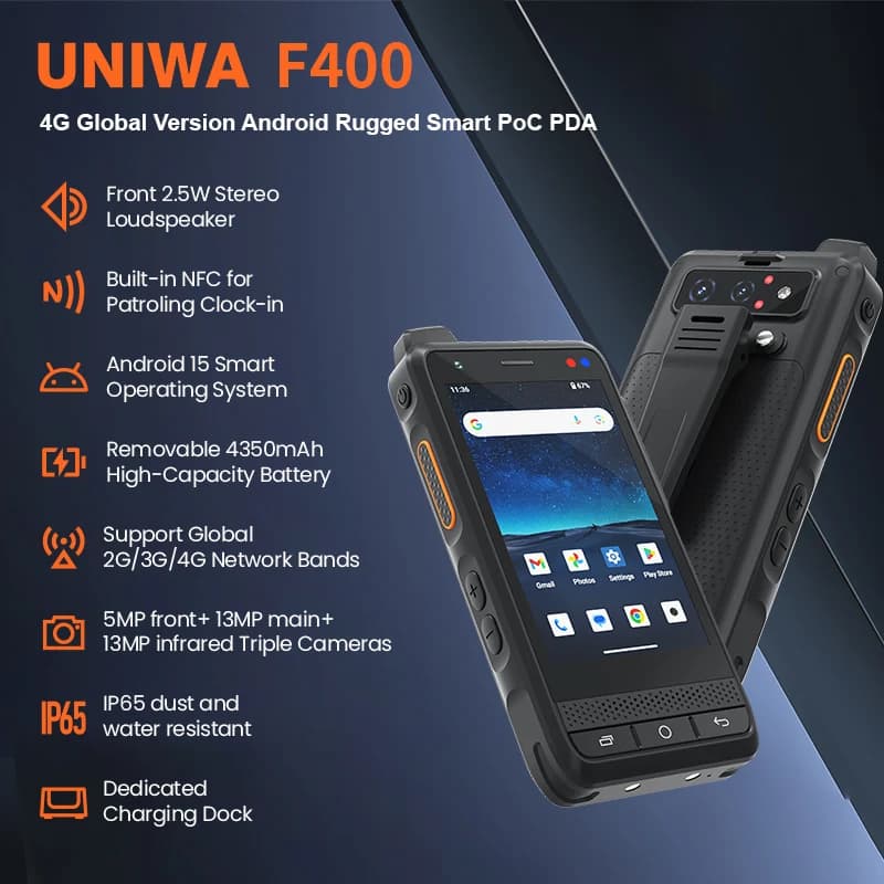 UNIWA F400 4G PDA Robusto con Walkie Talkie Zello POC, Android 15, Schermo 4 Pollici, 4GB+64GB, Altoparlante 2.5W, Batteria 4350mAh, Pulsante SOS, NFC