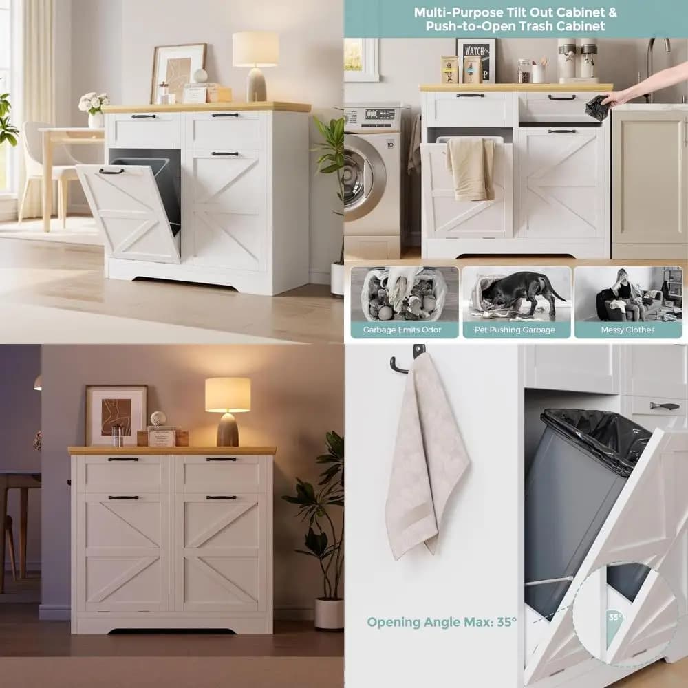 Mobiletto per Rifiuti e Riciclaggio a Doppio Scomparto con Separatore per Bucato, Bianco