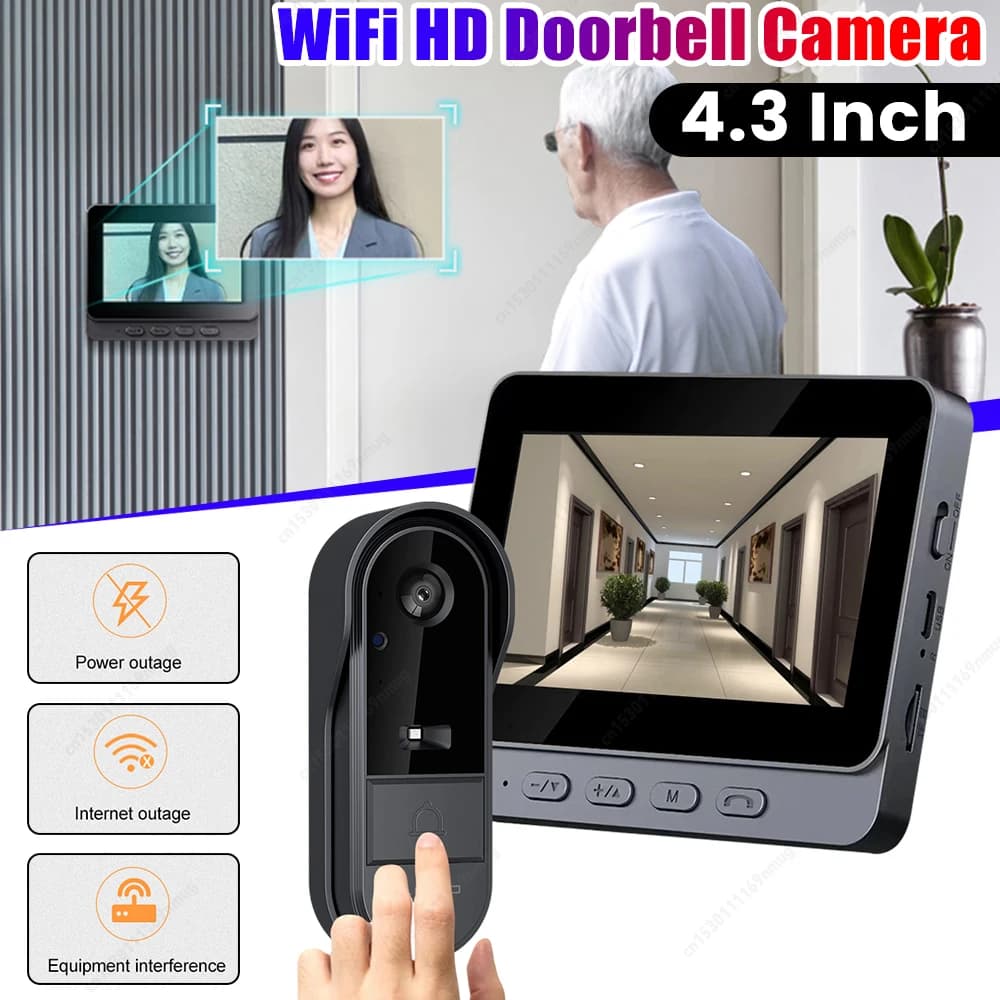 Campanello visivo wireless WiFi 2.4G Schermo IPS da 4,3 pollici Telecamera spioncino Videocitofono impermeabile Telecamera per porta per la sicurezza domestica