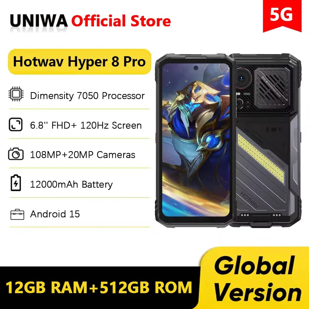 HOTWAV Hyper 8 Pro 5G Telefono robusto 125dB Altoparlante da 6,8 pollici 12GB + 512GB Telefoni cellulari Telecamera da 108MP 12000mAh 55W Cellulare NFC