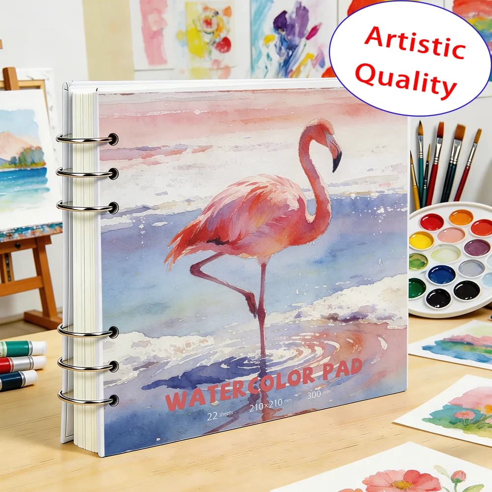 "210x210mm 300GSM Watercolor Pad, Metal Ring-Bound Sketchbook, Detachable Rings, Textured Paper, Professional Art Notebook for P