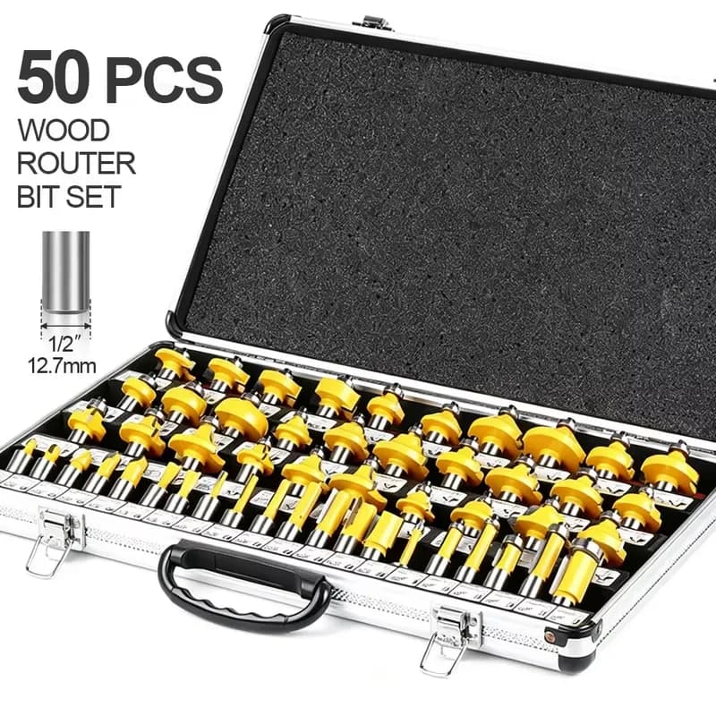 50 PCS 1/2" CNC Router Bits Set Carbide Wood Carving Engraving Milling Cutter Tool Kit with Ball Bearing Guide Aluminum Case