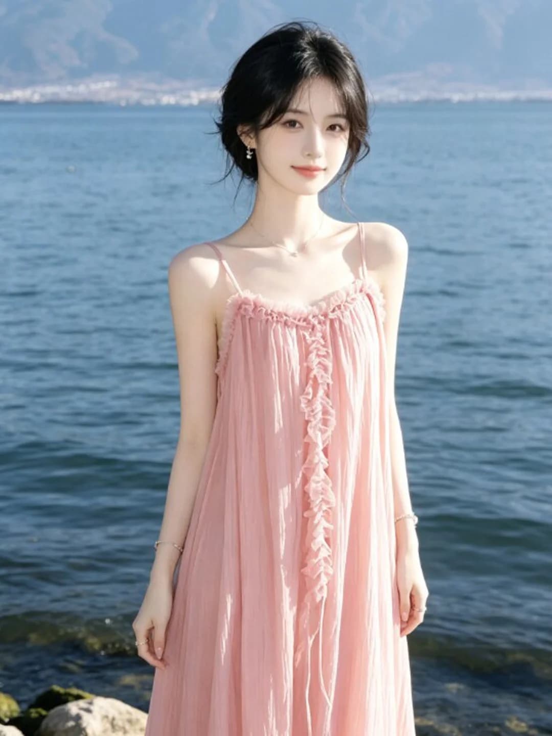 Abito Lungo Stile Vacanza Fiabesco, Abbigliamento da Viaggio, con Spalline, in Misto Cotone, Manica Corta, Vestito da Donna per Pendolarismo Urbano e Casual