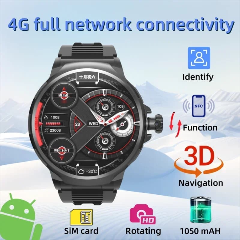 GT100 Nuovo Smartwatch con Display da 1,85 Pollici, Schermo ad Alta Definizione, Sistema Operativo Android, Scheda SIM 4G 180 ° Telecamera Rotante Impermeabile con WiFi e GPS