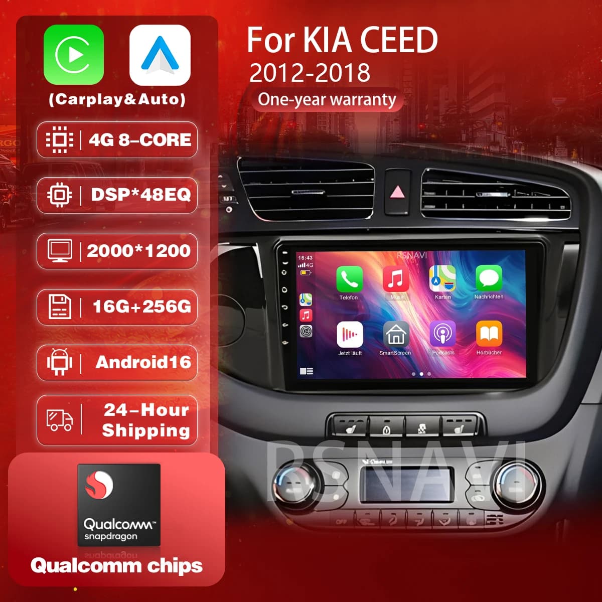 Qualcomm Android 16 Carplay Auto WIFI+4G Car Radio Multimedia Player For KIA Cee'd CEED JD 2013-2016 DSP Autoradio Stereo 2din