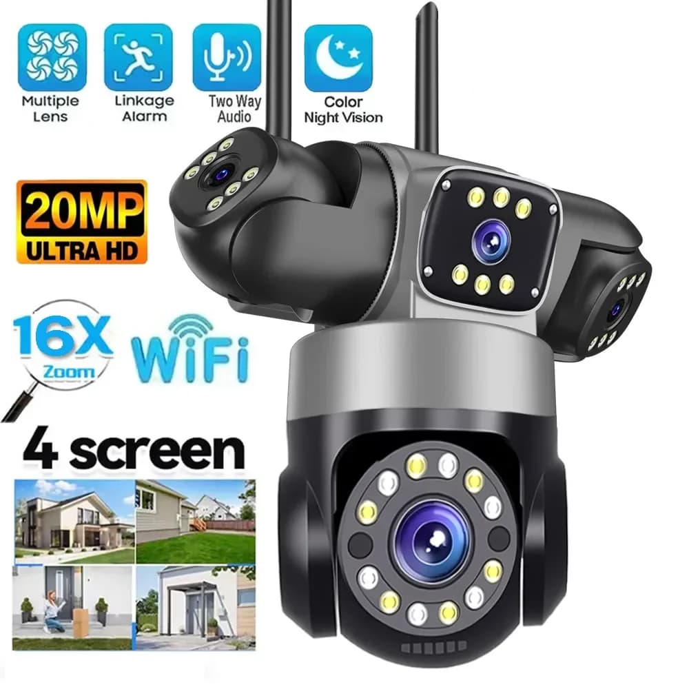 Telecamera IP WiFi da 20MP per esterni 4 obiettivi 4 schermi Zoom 16X 6K 12MP Protezione di sicurezza Telecamere di videosorveglianza CCTV wireless