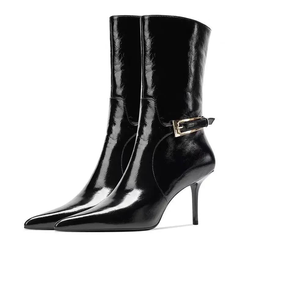 Women's Boots With Belt Buckle Half Pulp PU Leather With Pointe Toe High Heels Pine Design With Side Hinge Chelsea Large Shoes