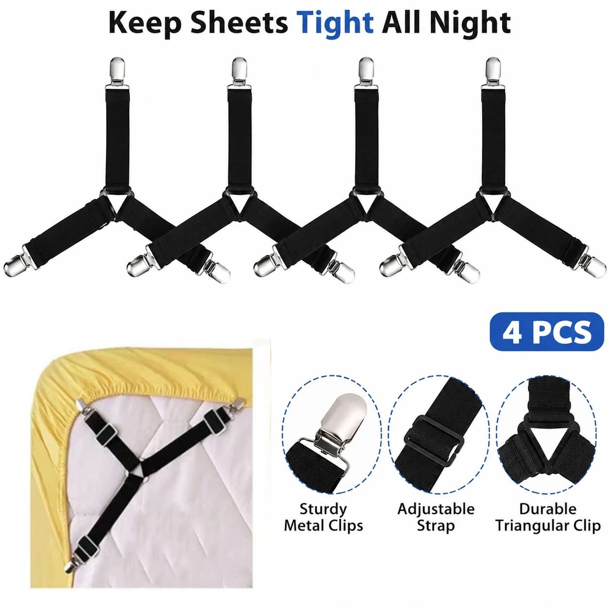 Bed Sheet Fastener Clips Adjustable Elastic Straps Mattress Cover Holder Grippers for Home Bedding Organizer Set Pack Kit Use