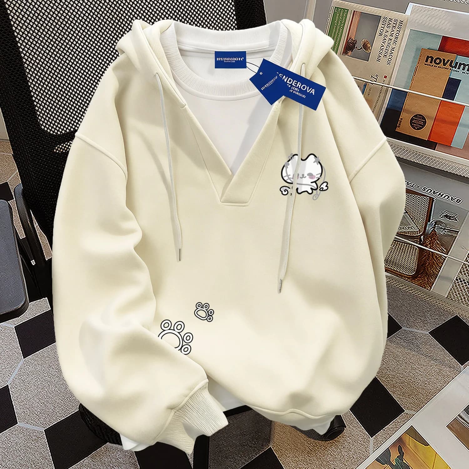 Cute Print Couple Hoodie Women's Loose Fit Long Sleeve Street Style Mid-Length Polyester Cotton Spandex Blend Sweatshirt