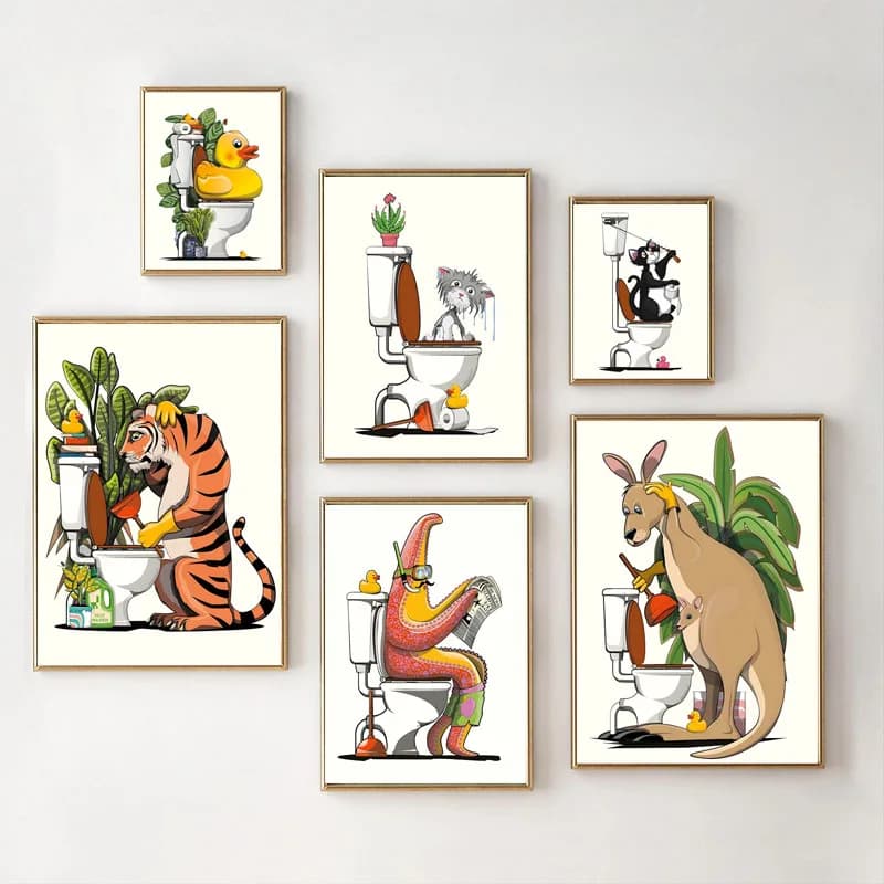 Divertente Poster da Parete con Animali per il Bagno, Stampa su Tela con Portarotolo a Forma di Paperella, Decorazione per Bagno e Casa