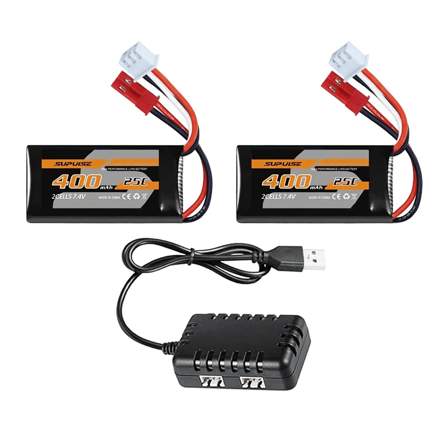 2 batterie ricaricabili Li-Po 2S 25C 400mAh da 7,4 V con caricatore USB a 2 porte, compatibili con l'aereo RC Volantexrc Brushless da 500 mm