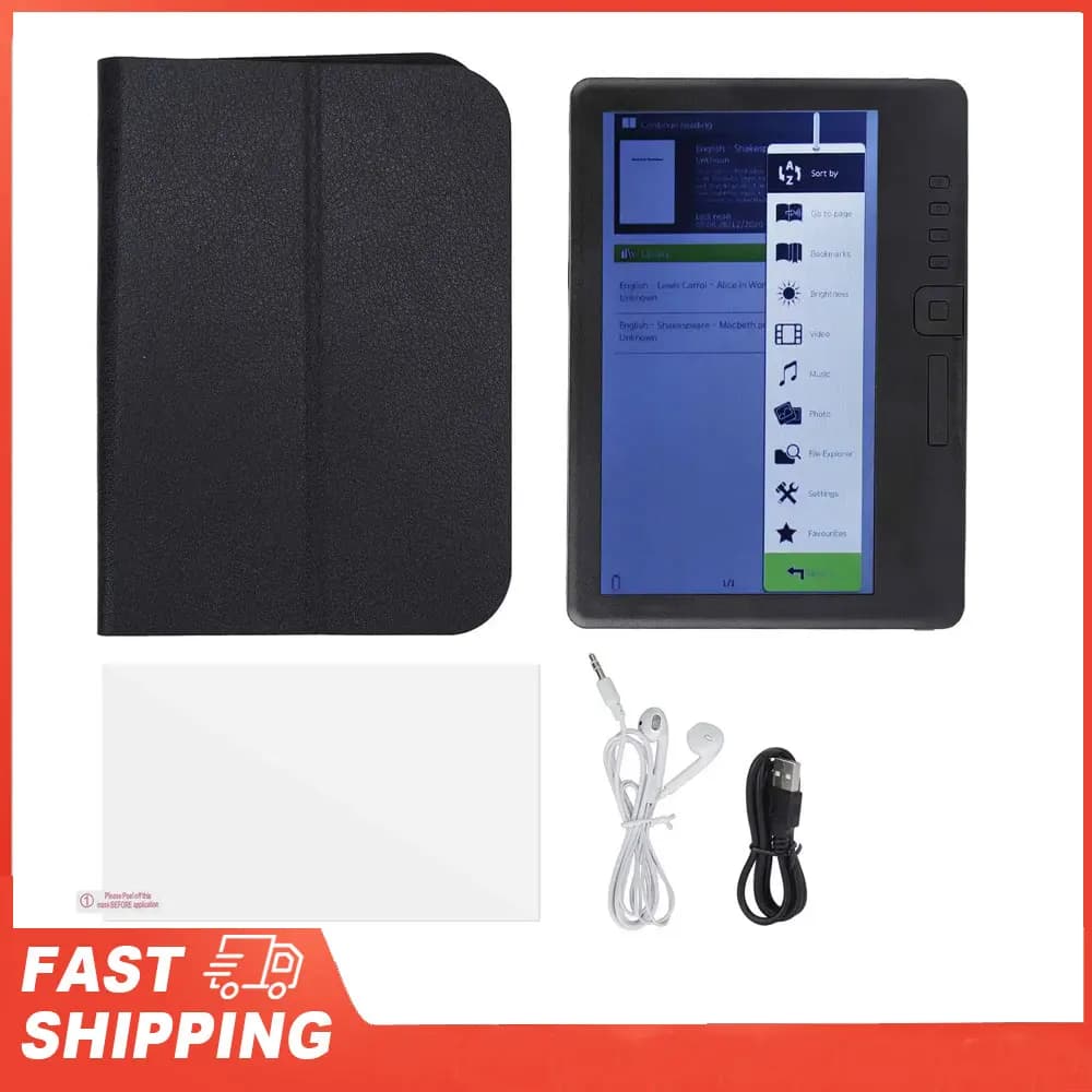 E Reader 7 pollici LCD a colori 16:9 Schermo HD 800x480 380 MHz Custodia protettiva nera Lettore elettronico portatile per EPUB PDF TXT E Reader