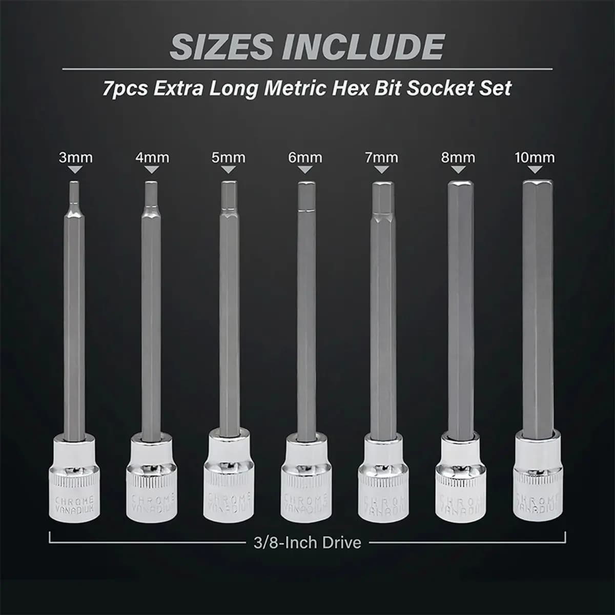 AA83 Extra Long Hex Bit Socket Set 7 Piece H3-H10 -V 3/8Inch Drive 110mm Length