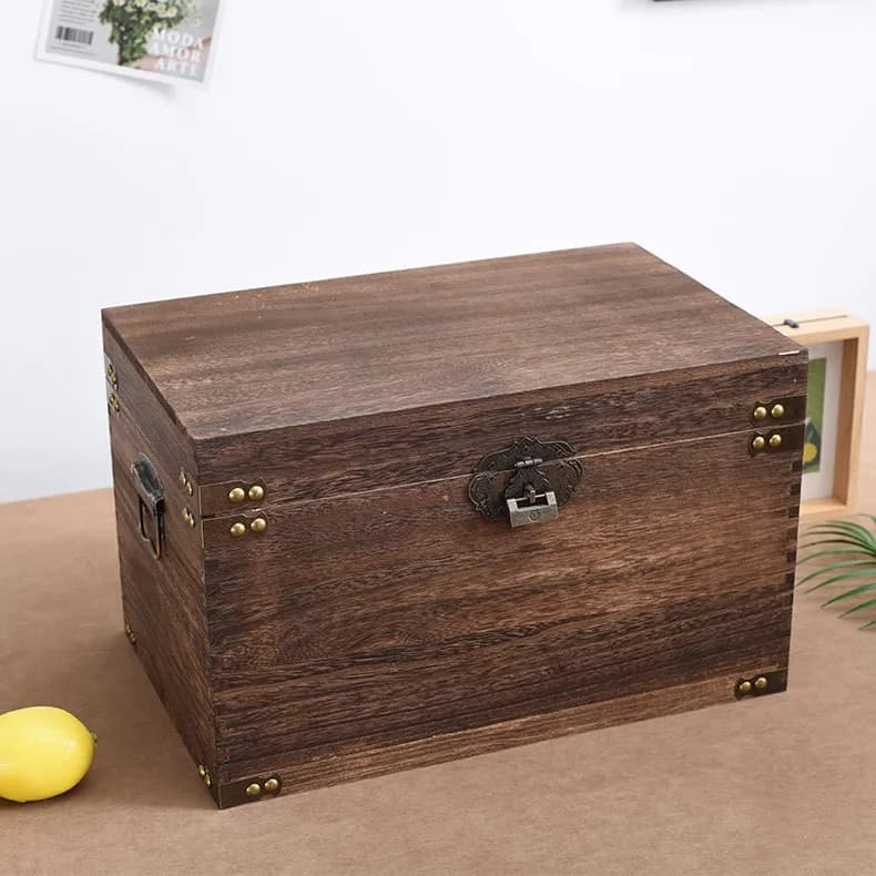 Vintage wooden storage box with lock, rectangular, for various household items, bathroom organizer with tilt cover