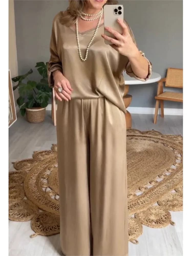 Spring Summer Fashion Solid Smooth Satin Two Piece Sets New Women's V Neck Half Sleeved Top And Long Pants Casual Loose Outfits