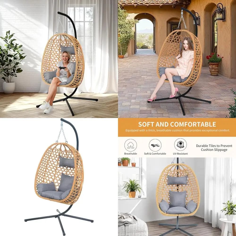 Rattan upholstered rocking chair for outdoor spaces - Patio, garden, balcony Hanging egg chair with support - Elegant and comfortable swing