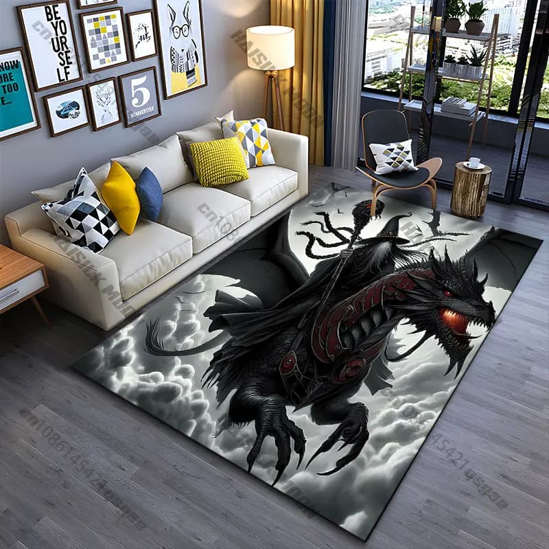 Tappeto da gioco per bambini con drago infuocato scuro e mago a cavallo, tappeto yoga, decorazione per soggiorno, tappetino per gattonare, zerbino, tappeto per area giochi