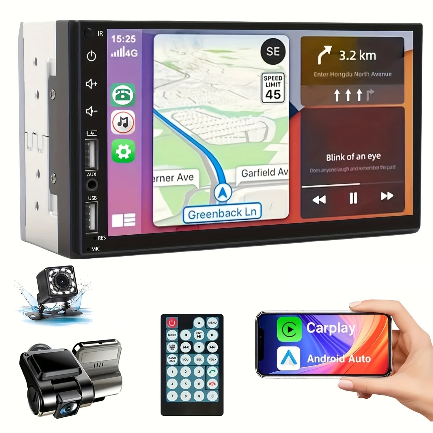 Autoradio 7 Inch 2 Din with Touch Screen, Android Auto, Carplay, Video Player, Dash Cam, Camera Rear, Bluetooth, 2 USB
