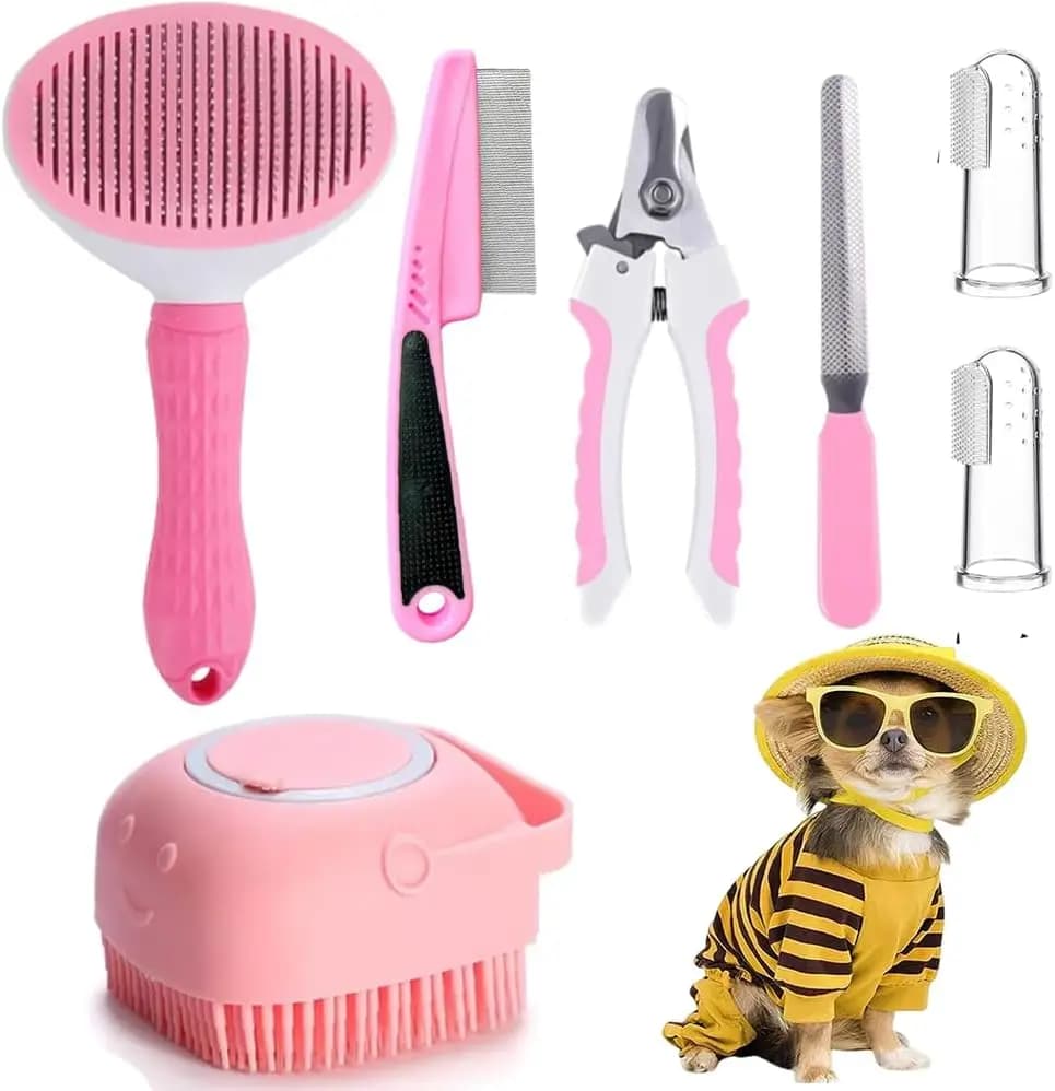 7 Pcs Pet Grooming Kit: Self-Cleaning Brush, Nail Clipper, Flea Comb, Bath Brush, Finger Toothbrush & Storage Bag