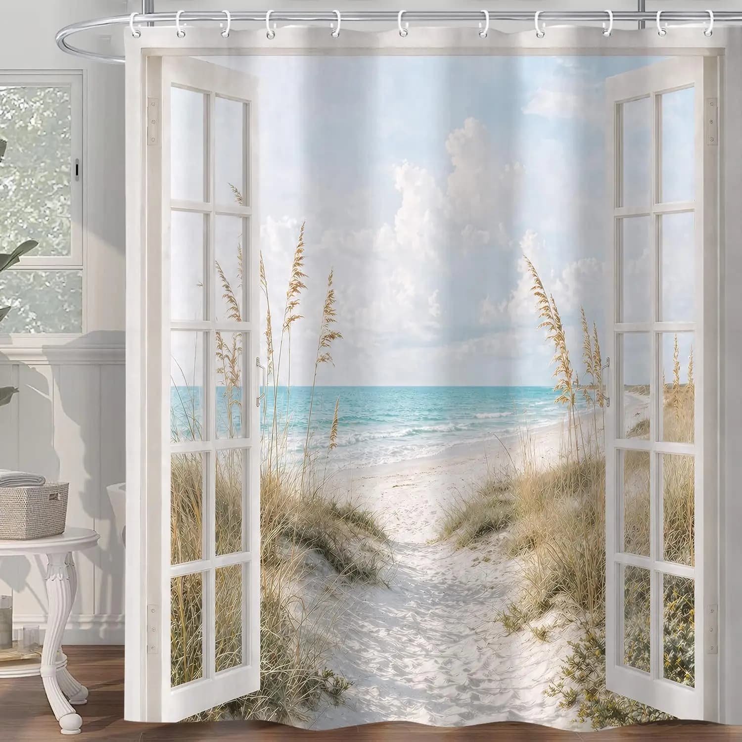 Realistic Coastal Beach Landscape Shower Curtain Tropical Ocean View Bathroom Decor Seaside Boho Style Curtain