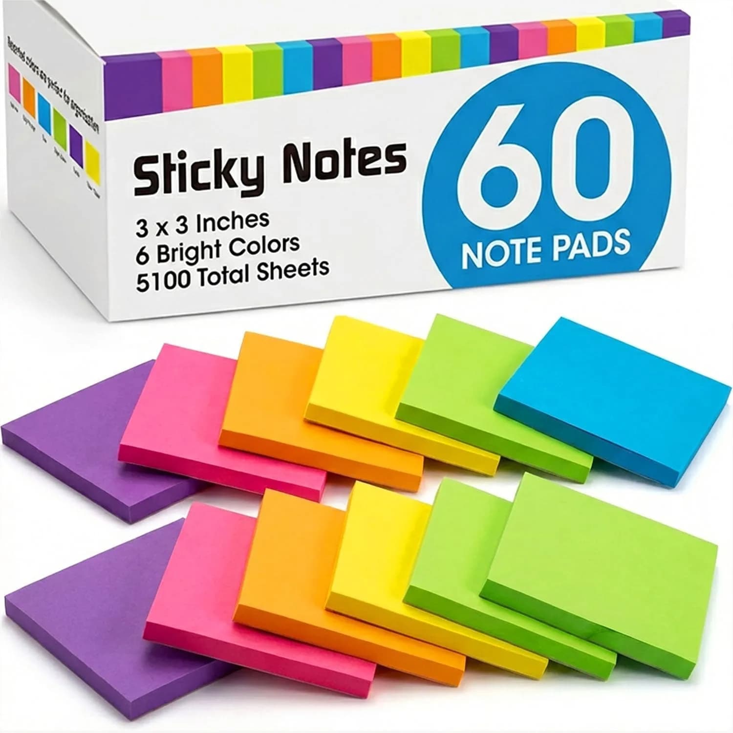 Blocchetti Adesivi 3x3 Pollici, 60 Blocchetti da 85 Fogli Ciascuno in 6 Colori Vivaci per Facile Utilizzo a Casa, Ufficio, Scuola