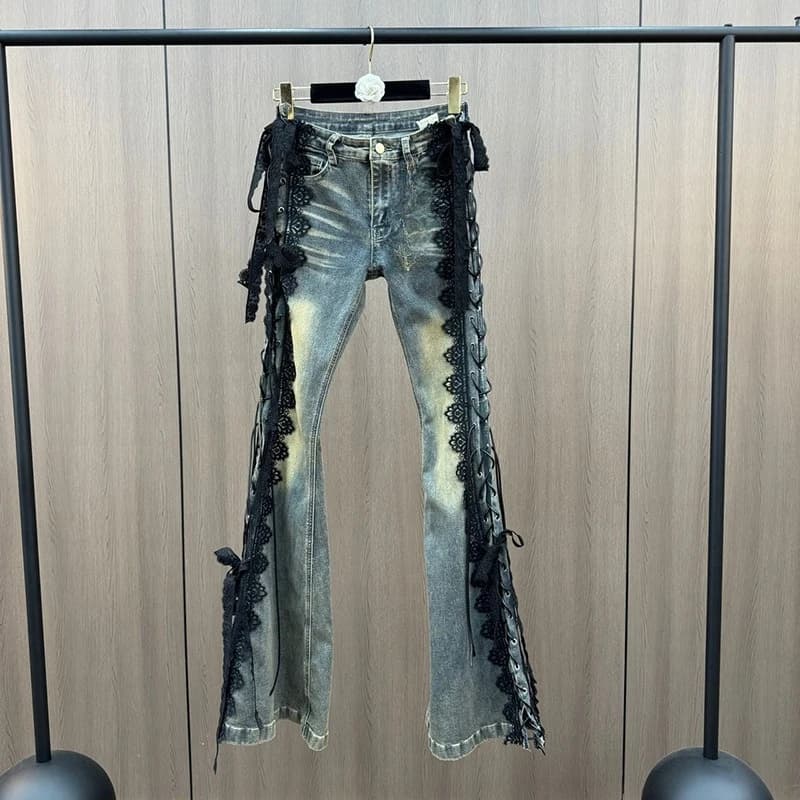 Lace Up Flare Jeans Retro Stitch Lace Whiskers Slim Low Rise Split Bootcut Pants Women Bell Bottoms Streetwear
