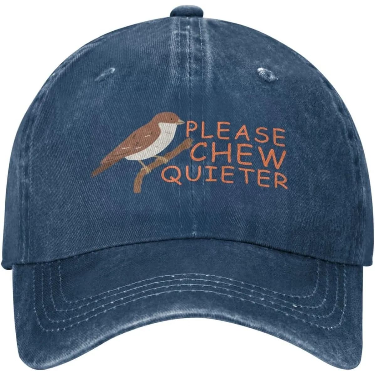 Baseball Hat in Denim Washed with Graphic Bird Chewing Silently, Funny Casual Hat for Adults Theme Nature