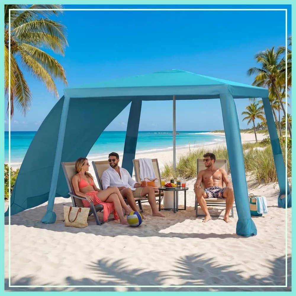 Gazebo da Spiaggia Portatile 6.6'x6.6' con Parete Laterale, Protezione Solare UPF 50+, Tenda Impermeabile per Campeggio Familiare