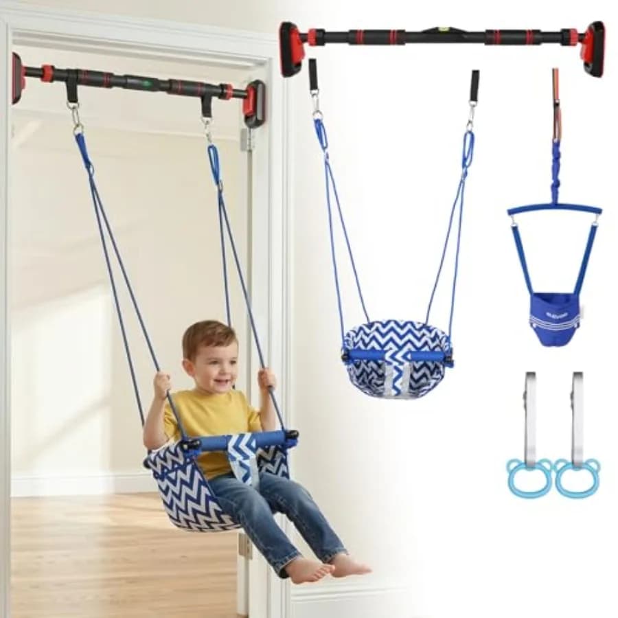 Attrezzo da ginnastica 4-in-1 per interni con barra per trazioni e altalena per porta, adatto per porte da 28-37 pollici, blu