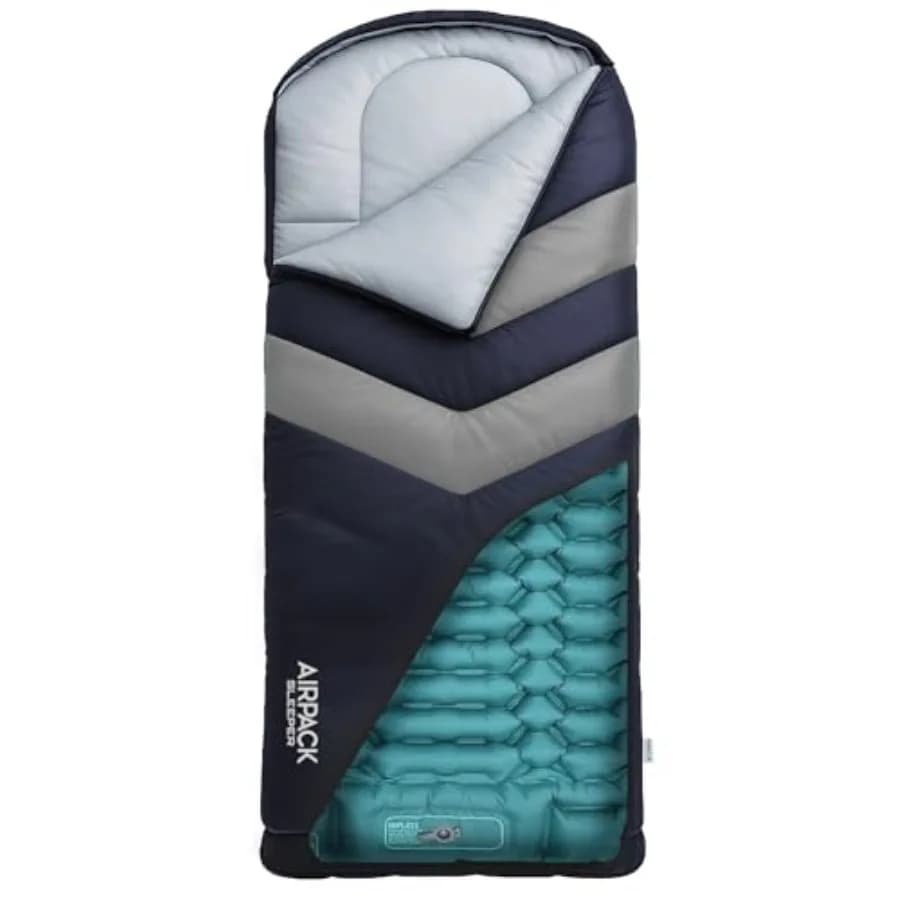 Sacco a pelo con materassino integrato, adatto per altezze fino a 137 cm, materasso gonfiabile all-in-one con pompa a pedale integrata - per overnatoi, campeggio