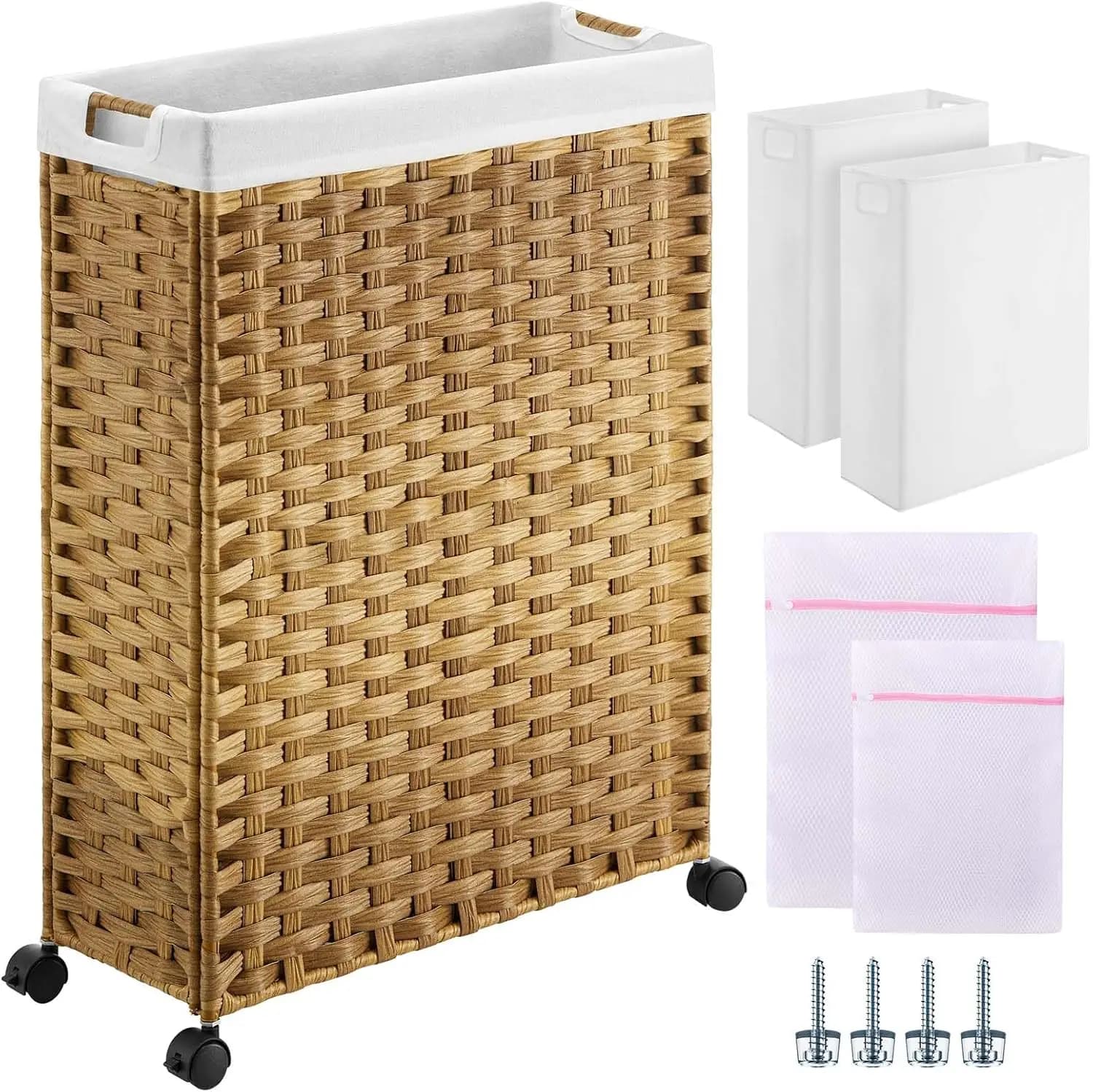 66 Liters with Wheels, 2 Removable Bags and Net Bags, Rattan Basket for Bedroom