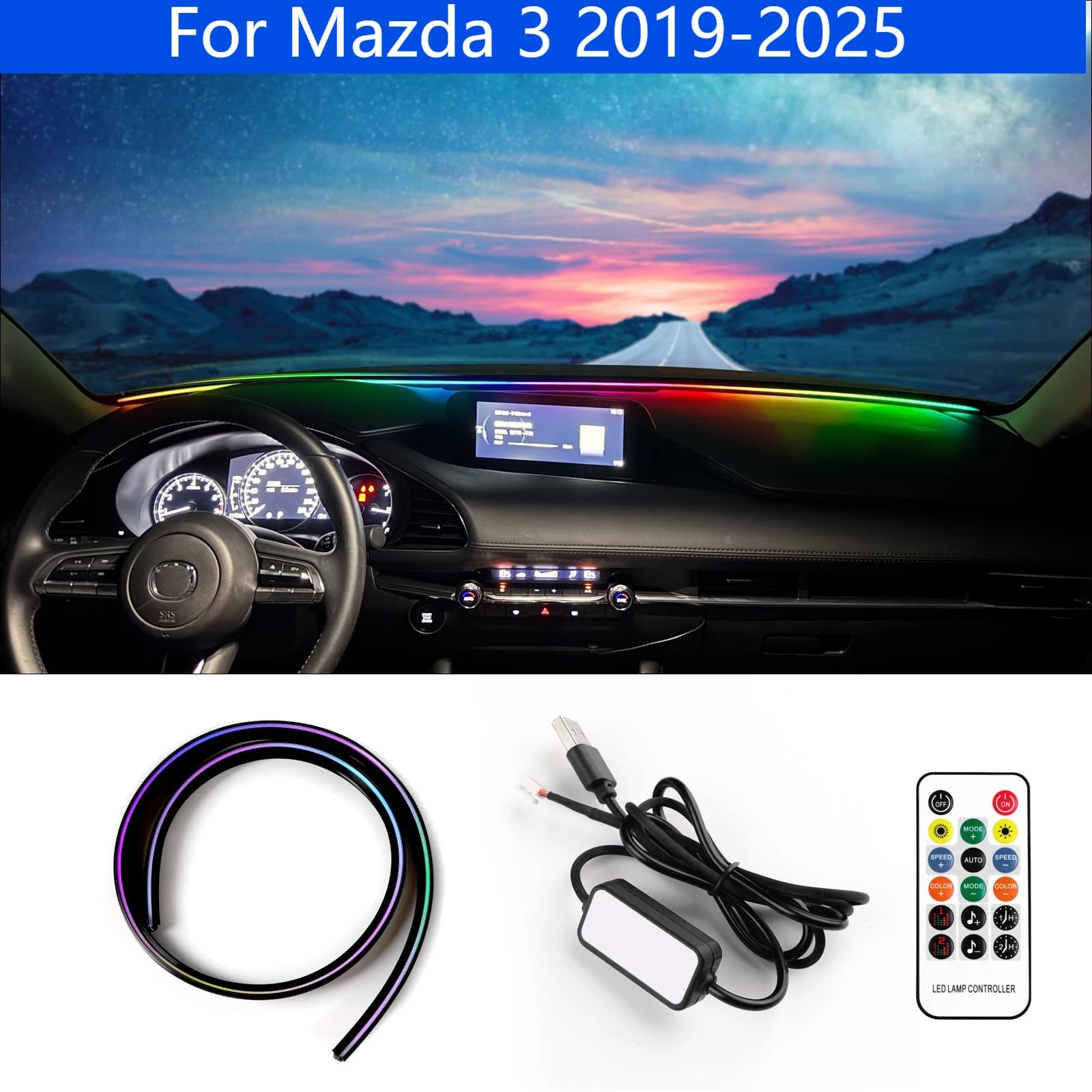 For Mazda 3 2019-2025 RGB LED Windshield Ambient Light Strip App Bluetooth Control USB Interior Modification Car Accessories