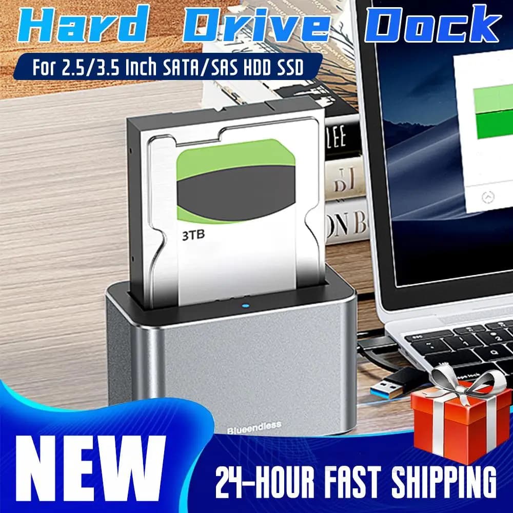 Docking Station per Hard Disk Esterno USB 3.0 5Gbps SATA SAS per HDD/SSD da 2.5/3.5 Pollici Fino a 20TB, Box Esterno USB per Disco Rigido