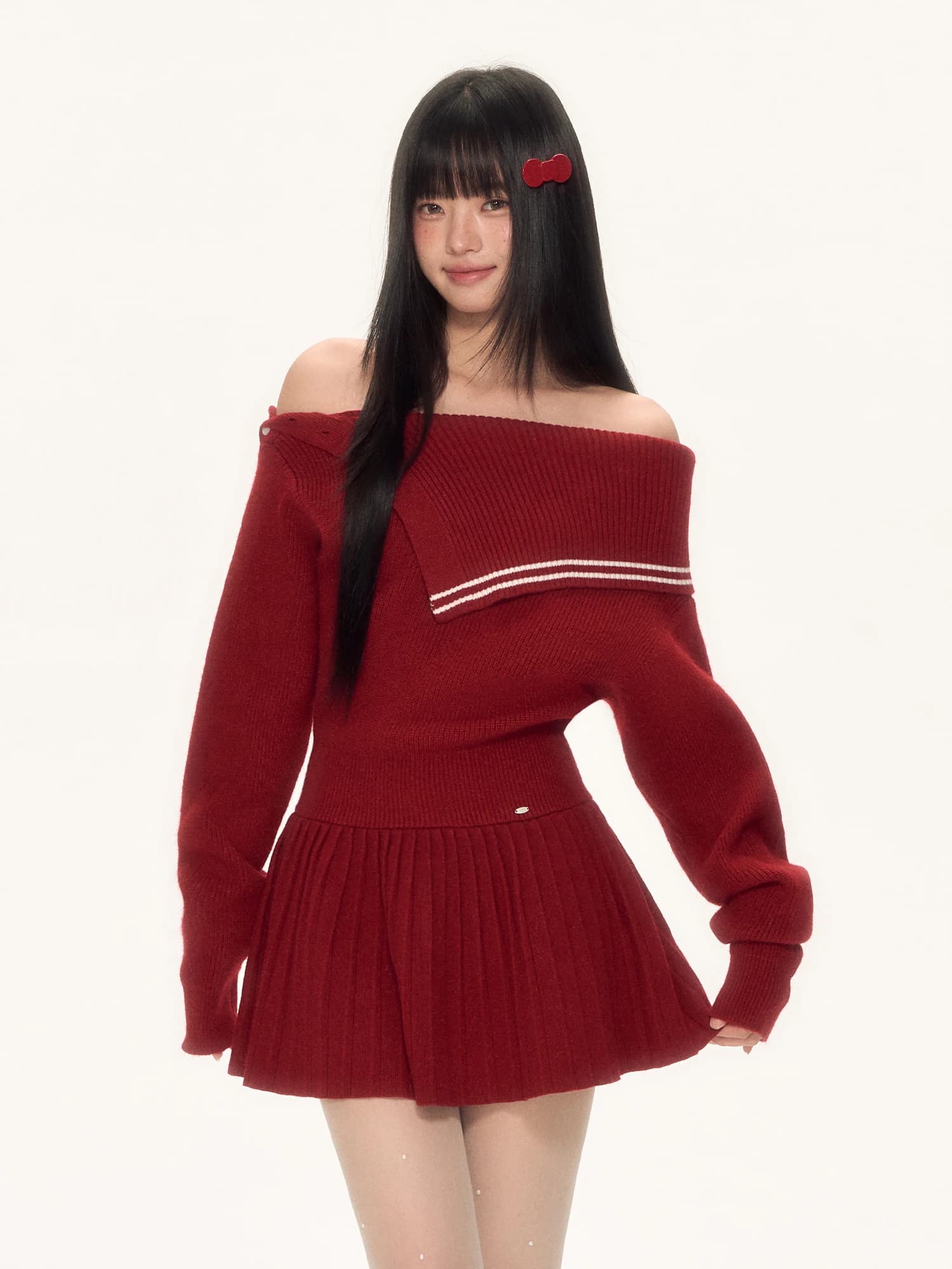 Weekendhub Navy Collar One Shoulder Knitted Dress Women's Style Christmas Theme Long Sleeve Slim Fit Daily Wear Polyester Blend