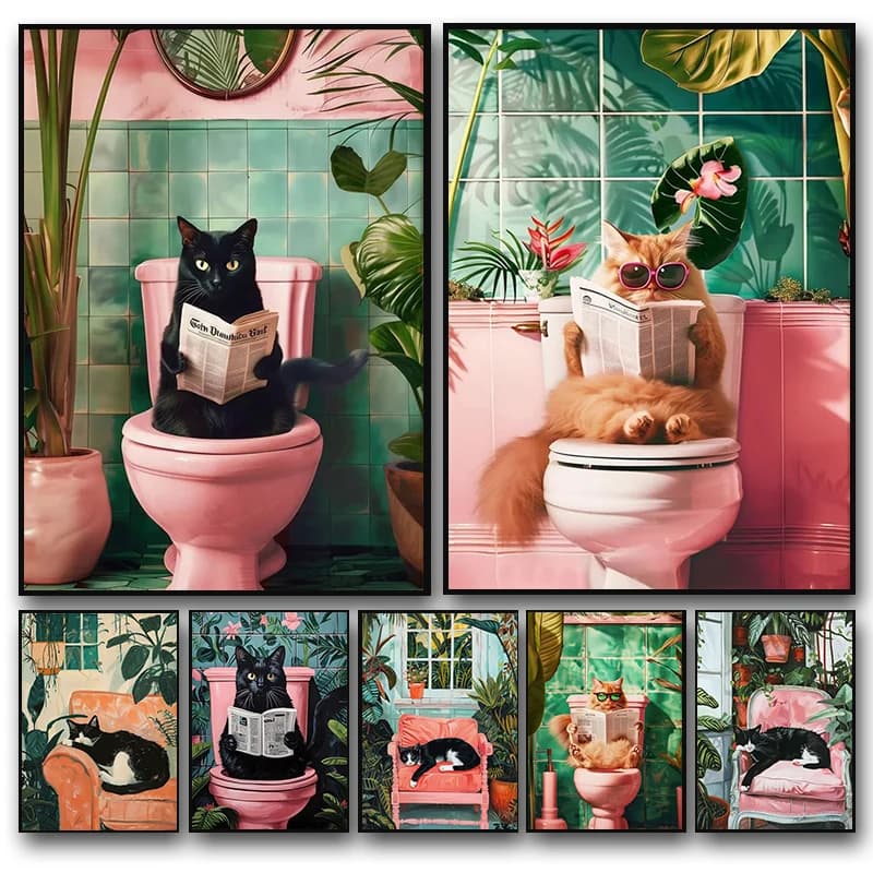 Funny cat on the toilet Wall Art Cat Reading Giornale Poster on canvas Print image for home Bathroom Living Decor Without frame